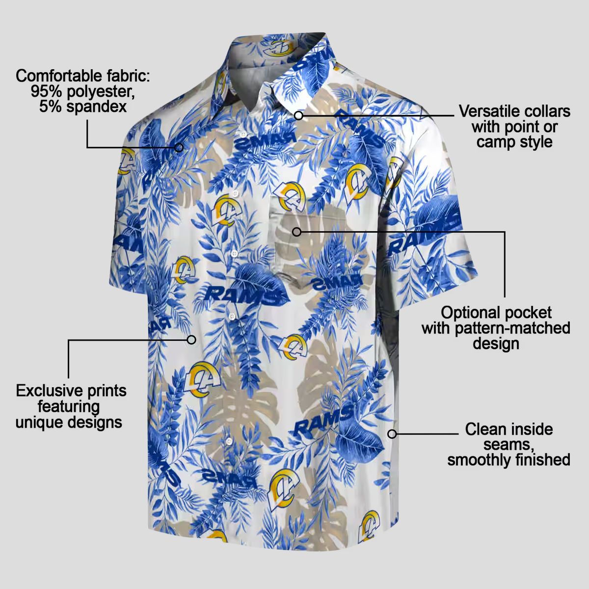 Los Angeles Rams Tropical Leaves Hawaiian Shirt, Blue and White NFL Fan Apparel