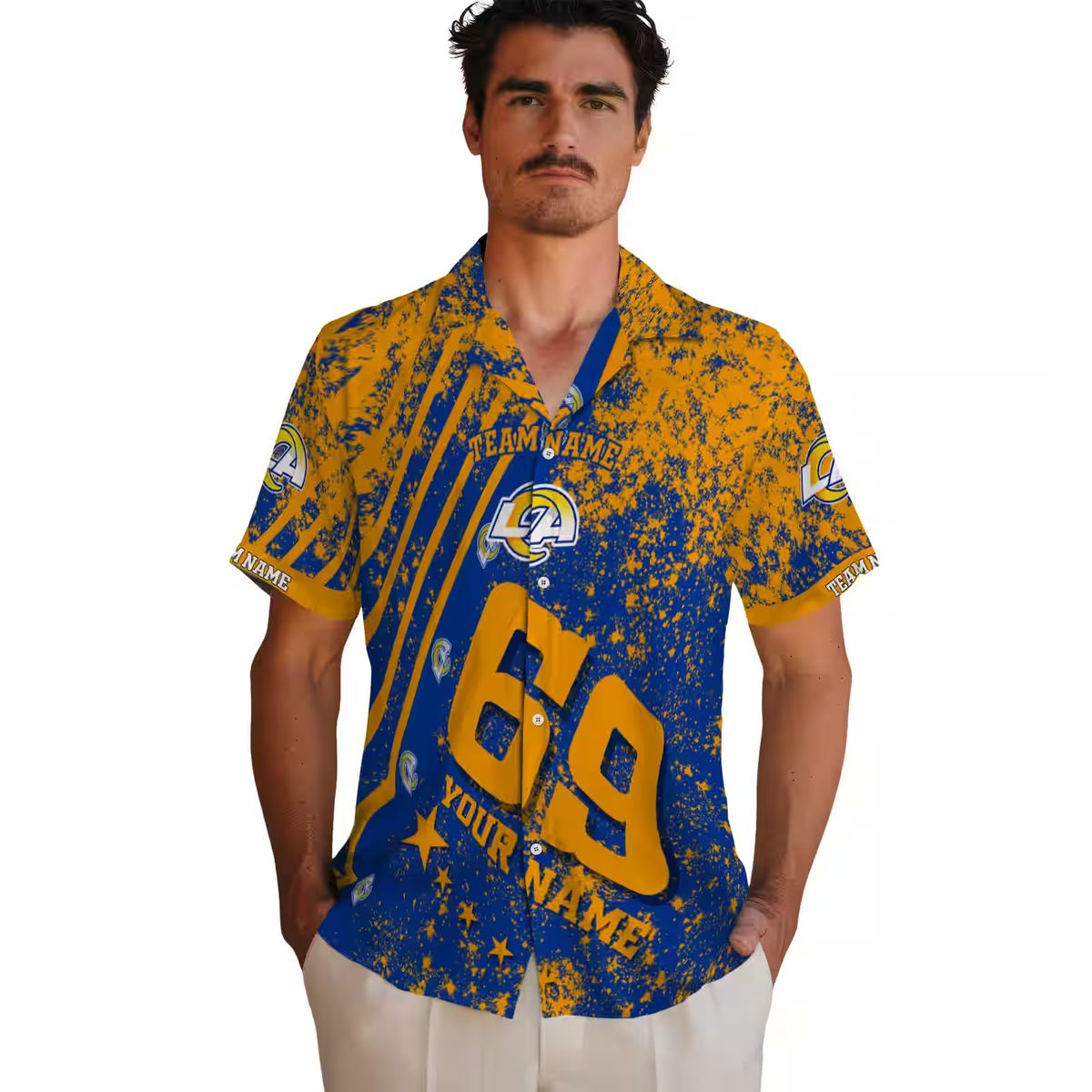 NFL Los Angeles Rams Blue Hawaiian Shirt, Personalized Star Stripes Beach Shirt for Fans