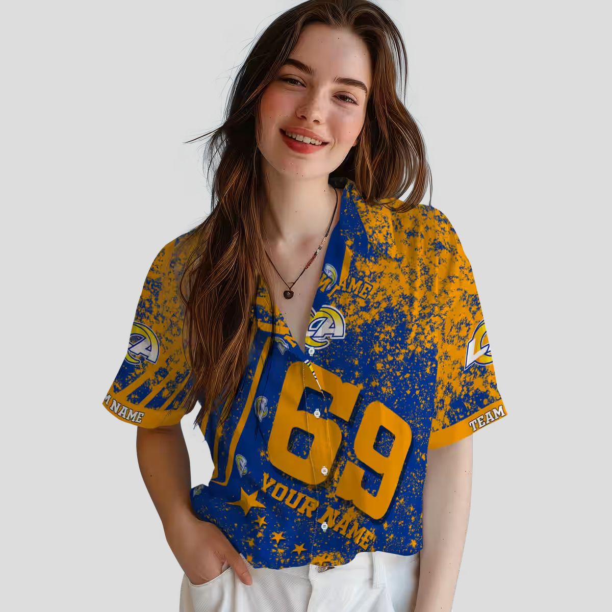 NFL Los Angeles Rams Blue Hawaiian Shirt, Personalized Star Stripes Beach Shirt for Fans