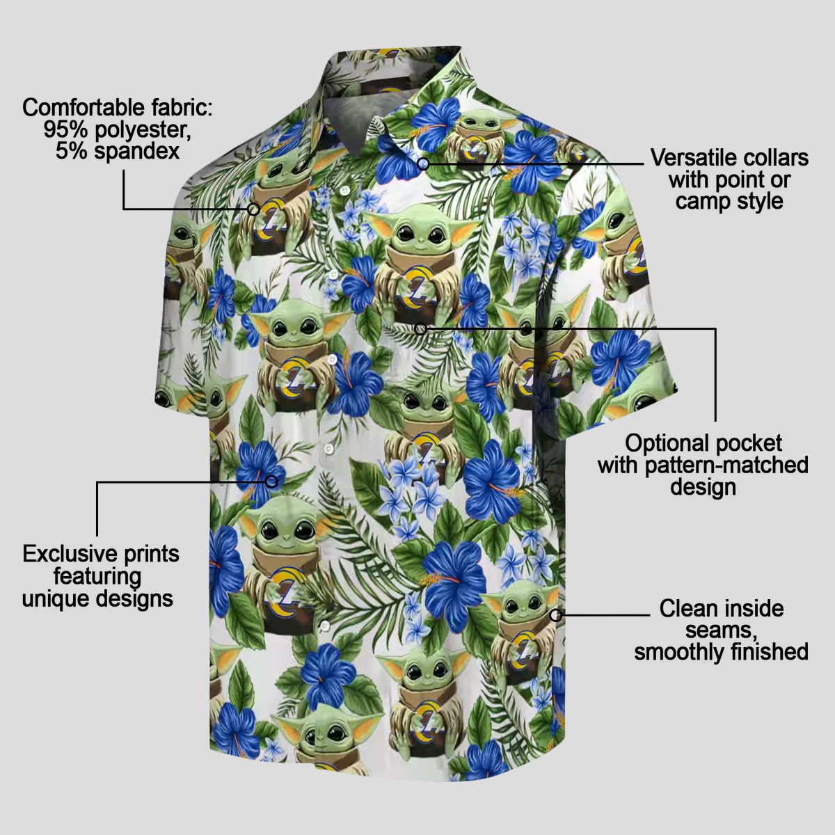 NFL Los Angeles Rams Hawaiian Shirt, Yoda Green Tropical Aloha Beach Shirt