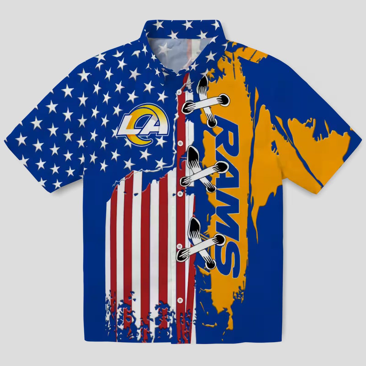 Stitched Flag Blue Los Angeles Rams Hawaiian Shirt, NFL Fan Aloha Button Up