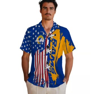 Stitched Flag Blue Los Angeles Rams Hawaiian Shirt, NFL Fan Aloha Button Up