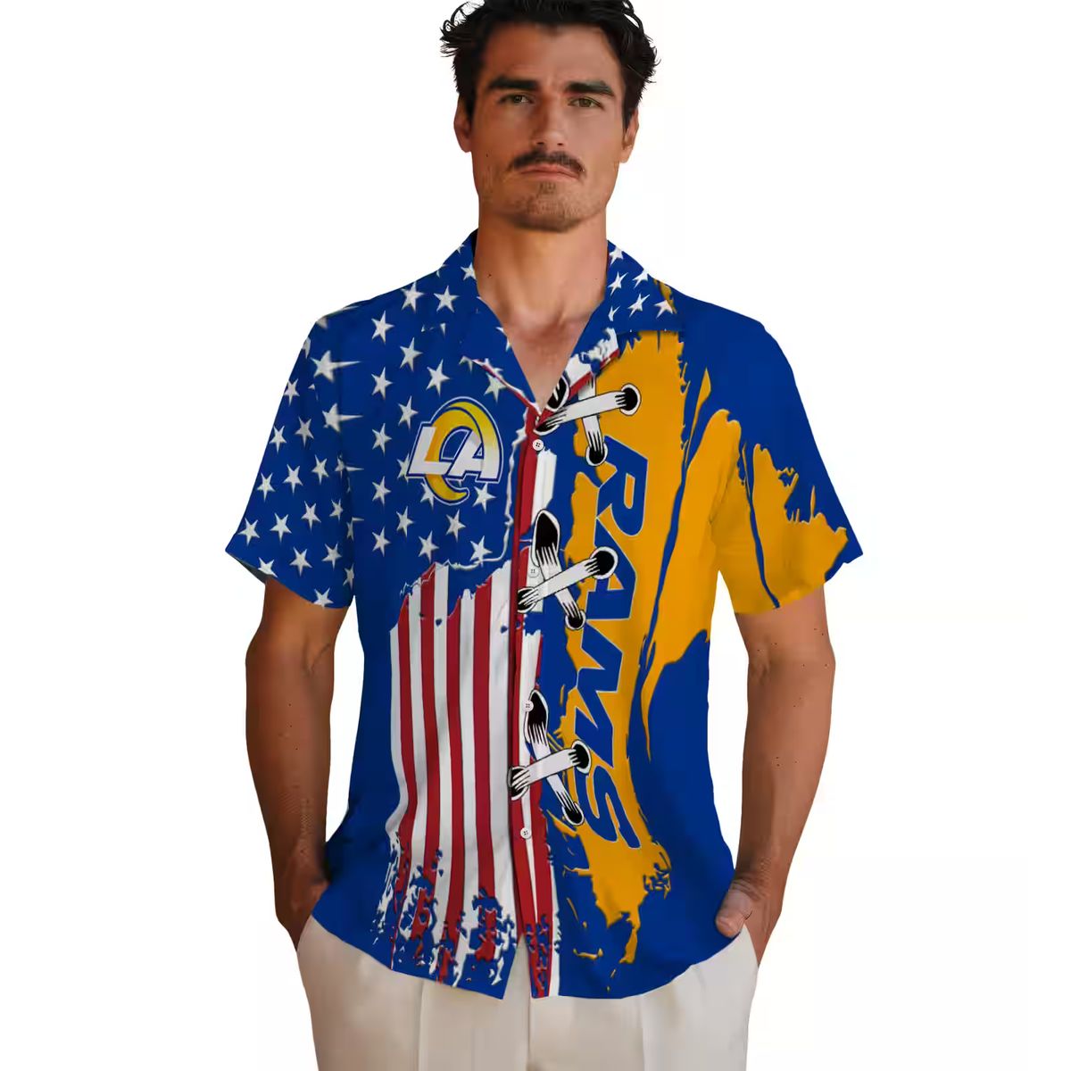 Stitched Flag Blue Los Angeles Rams Hawaiian Shirt, NFL Fan Aloha Button Up