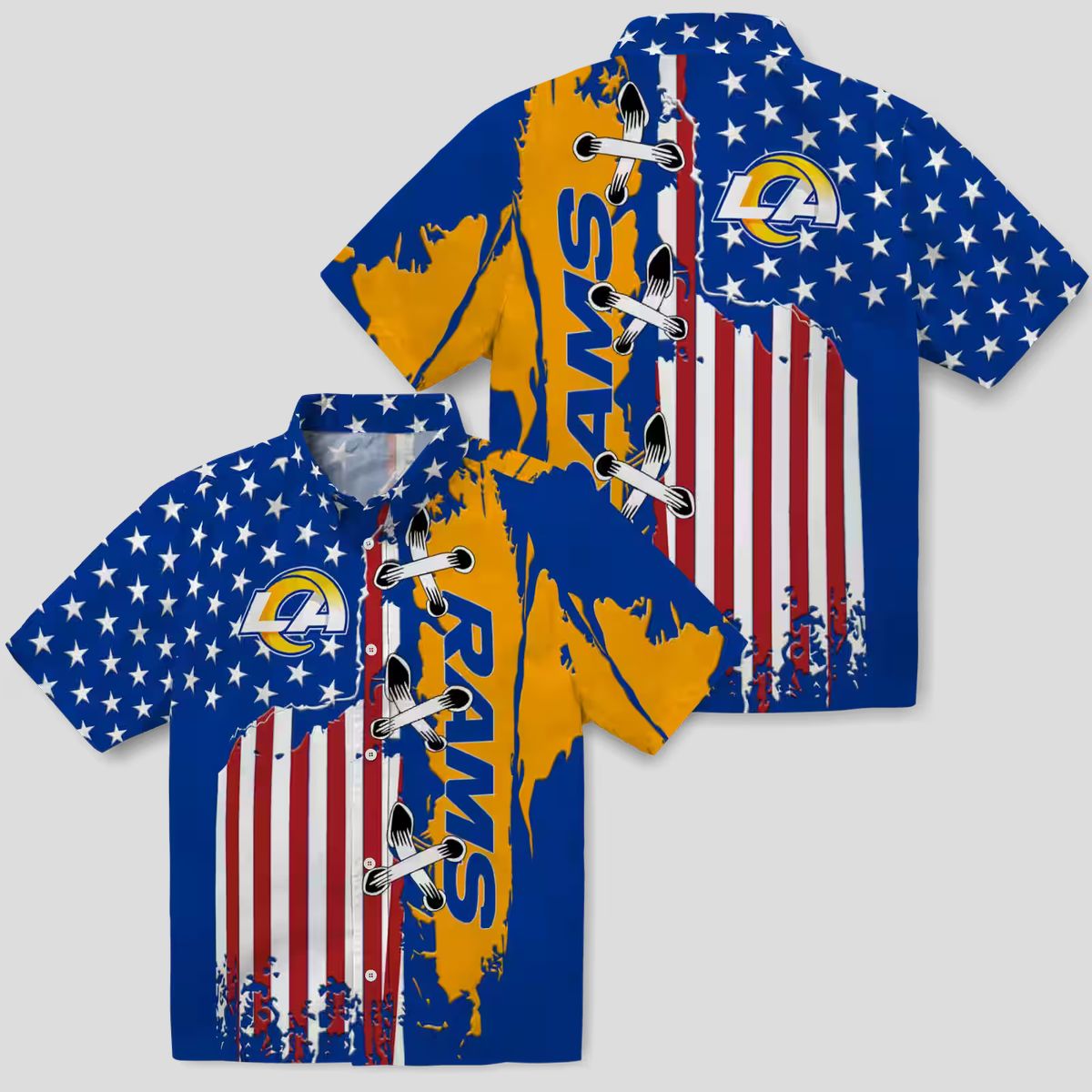 Stitched Flag Blue Los Angeles Rams Hawaiian Shirt, NFL Fan Aloha Button Up