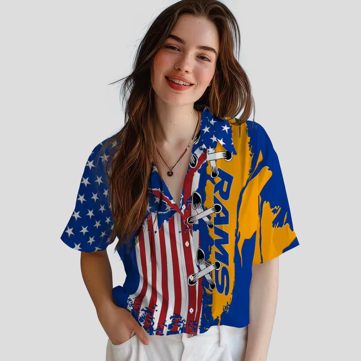 Stitched Flag Blue Los Angeles Rams Hawaiian Shirt, NFL Fan Aloha Button Up