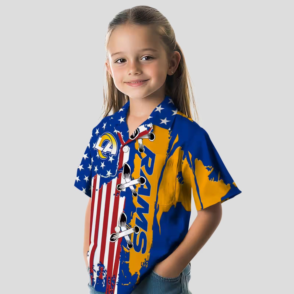 Stitched Flag Blue Los Angeles Rams Hawaiian Shirt, NFL Fan Aloha Button Up