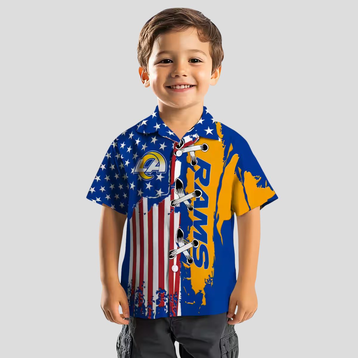 Stitched Flag Blue Los Angeles Rams Hawaiian Shirt, NFL Fan Aloha Button Up