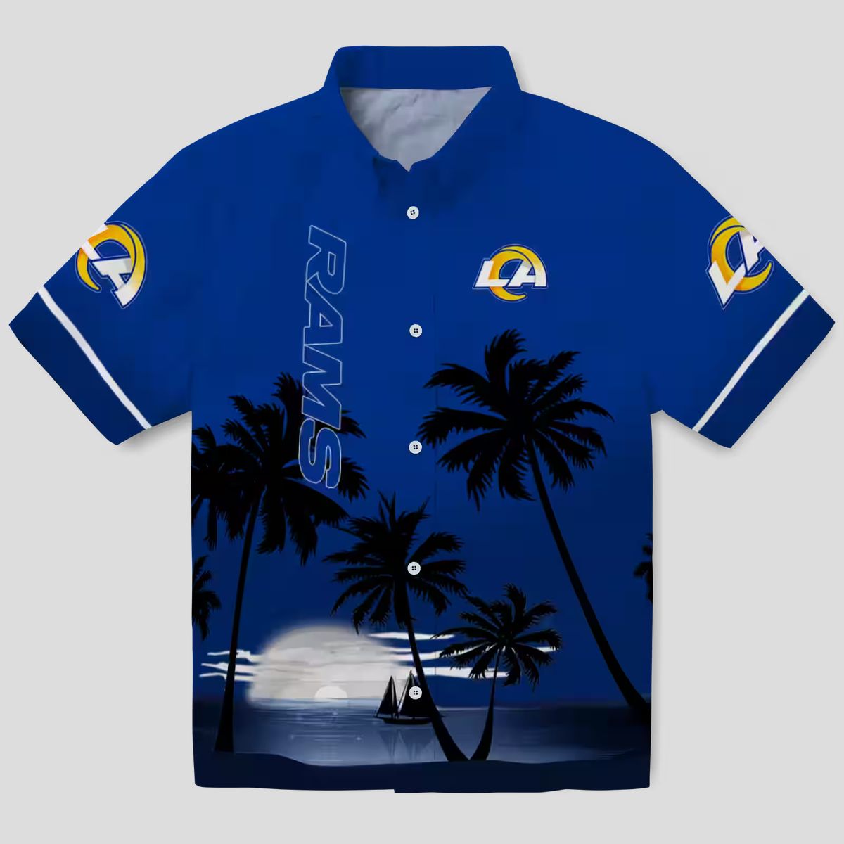 Tropical Sunset Beach Hawaiian Shirt, Los Angeles Rams Blue & Black NFL Design for Summer