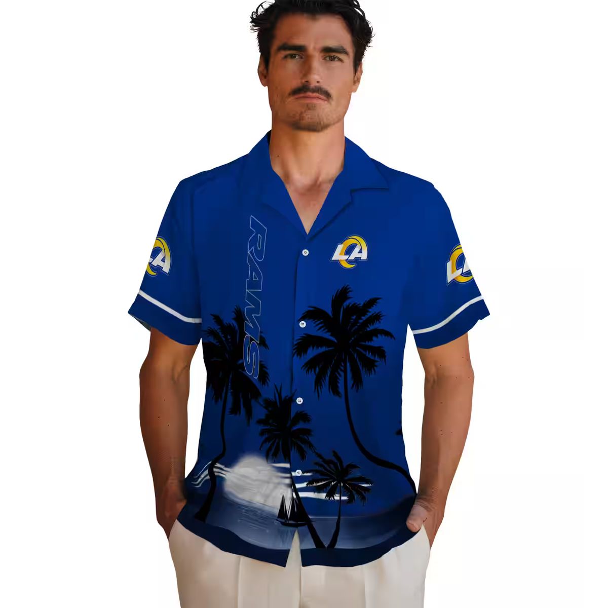 Tropical Sunset Beach Hawaiian Shirt, Los Angeles Rams Blue & Black NFL Design for Summer