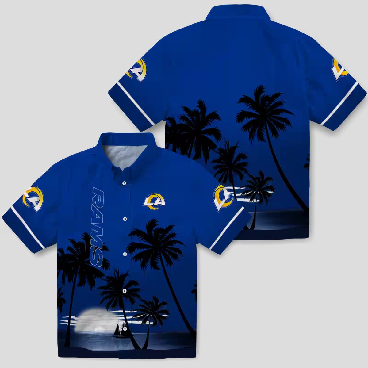 Tropical Sunset Beach Hawaiian Shirt, Los Angeles Rams Blue & Black NFL Design for Summer