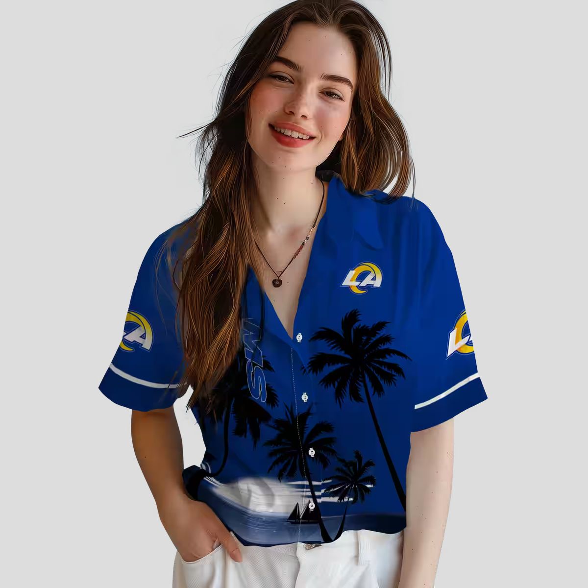 Tropical Sunset Beach Hawaiian Shirt, Los Angeles Rams Blue & Black NFL Design for Summer