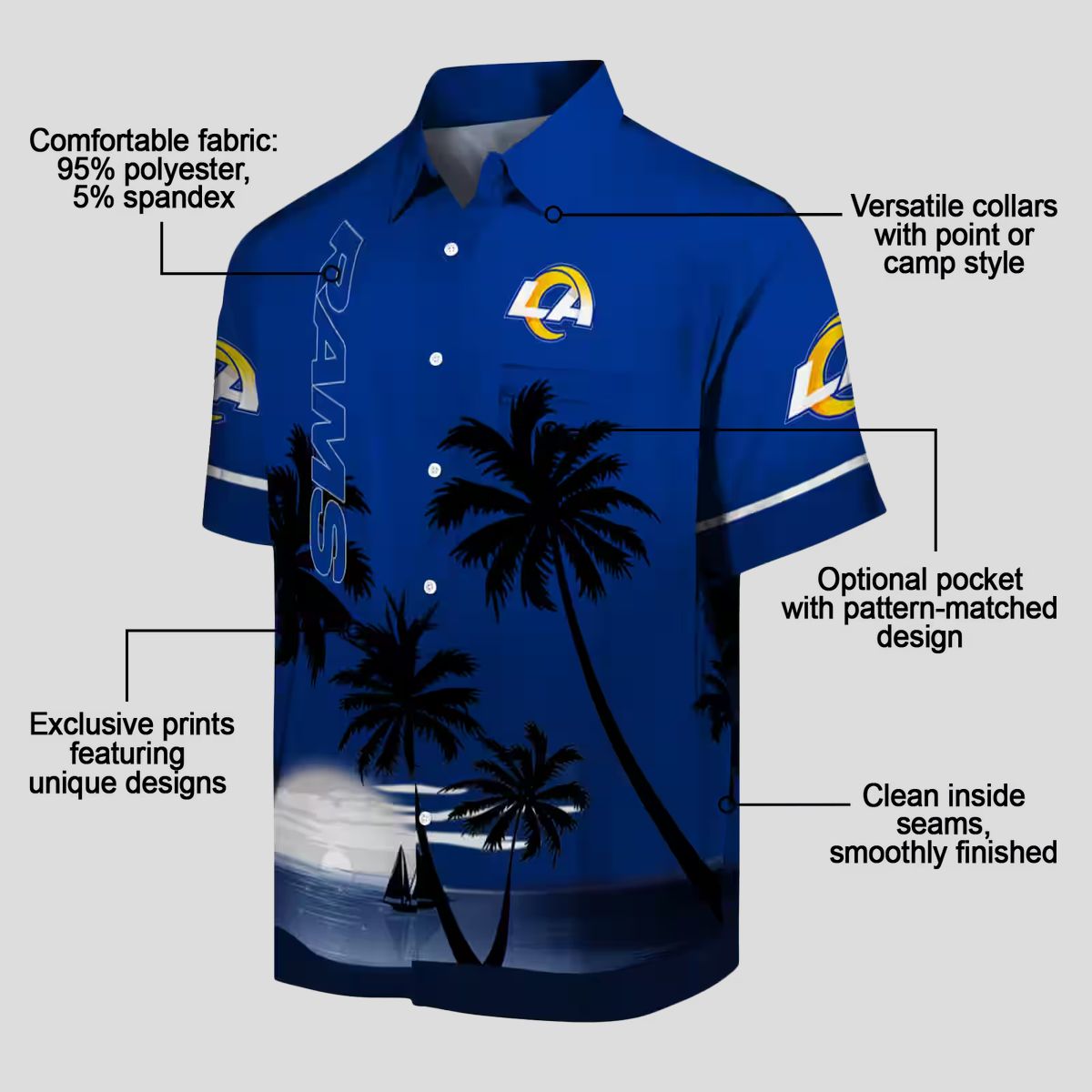 Tropical Sunset Beach Hawaiian Shirt, Los Angeles Rams Blue & Black NFL Design for Summer