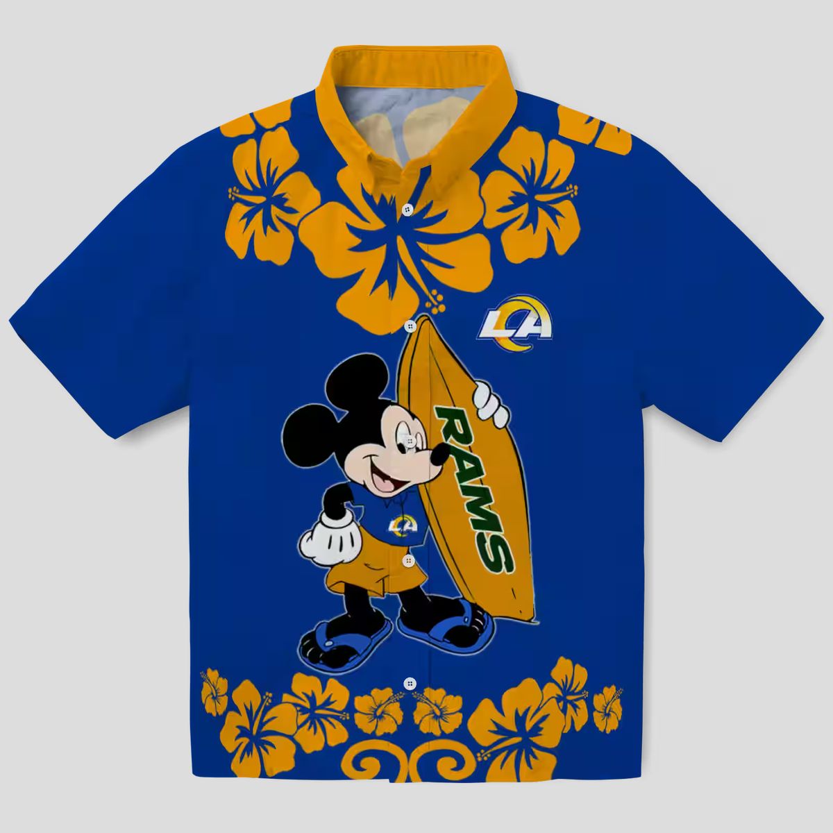 Tropical Surfing Mickey Los Angeles Rams Hawaiian Shirt, Blue NFL Beach Shirt for Men