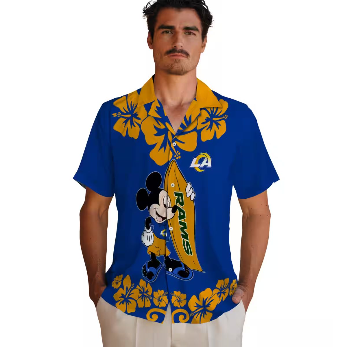 Tropical Surfing Mickey Los Angeles Rams Hawaiian Shirt, Blue NFL Beach Shirt for Men