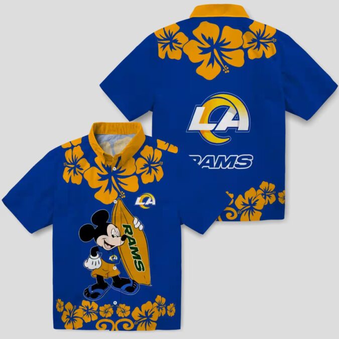 Tropical Surfing Mickey Los Angeles Rams Hawaiian Shirt, Blue NFL Beach Shirt for Men