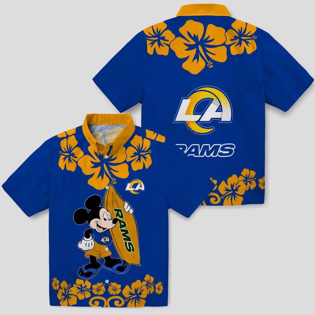 Tropical Surfing Mickey Los Angeles Rams Hawaiian Shirt, Blue NFL Beach Shirt for Men