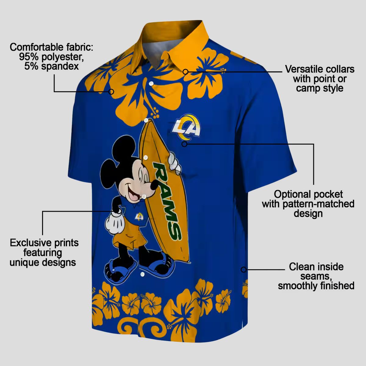 Tropical Surfing Mickey Los Angeles Rams Hawaiian Shirt, Blue NFL Beach Shirt for Men