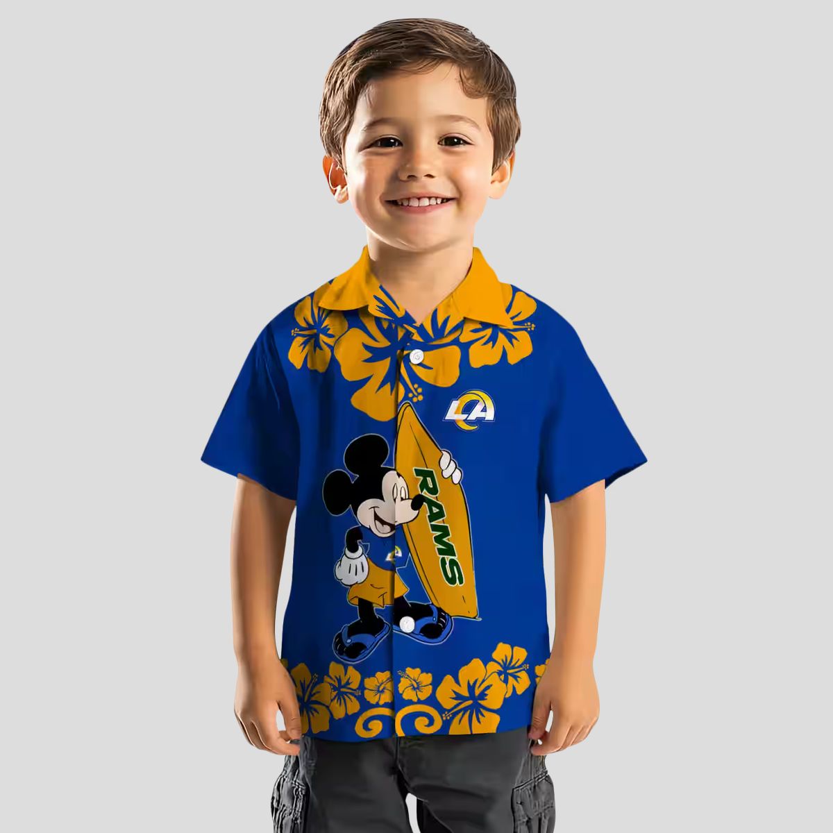 Tropical Surfing Mickey Los Angeles Rams Hawaiian Shirt, Blue NFL Beach Shirt for Men