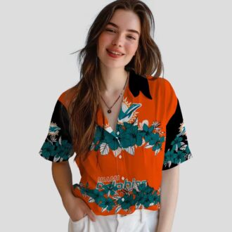 Aqua Black Miami Dolphins Hibiscus Stripe Hawaiian Shirt for Vacation
