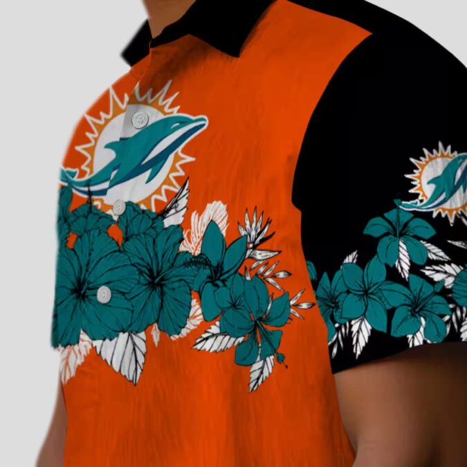 Aqua Black Miami Dolphins Hibiscus Stripe Hawaiian Shirt for Vacation