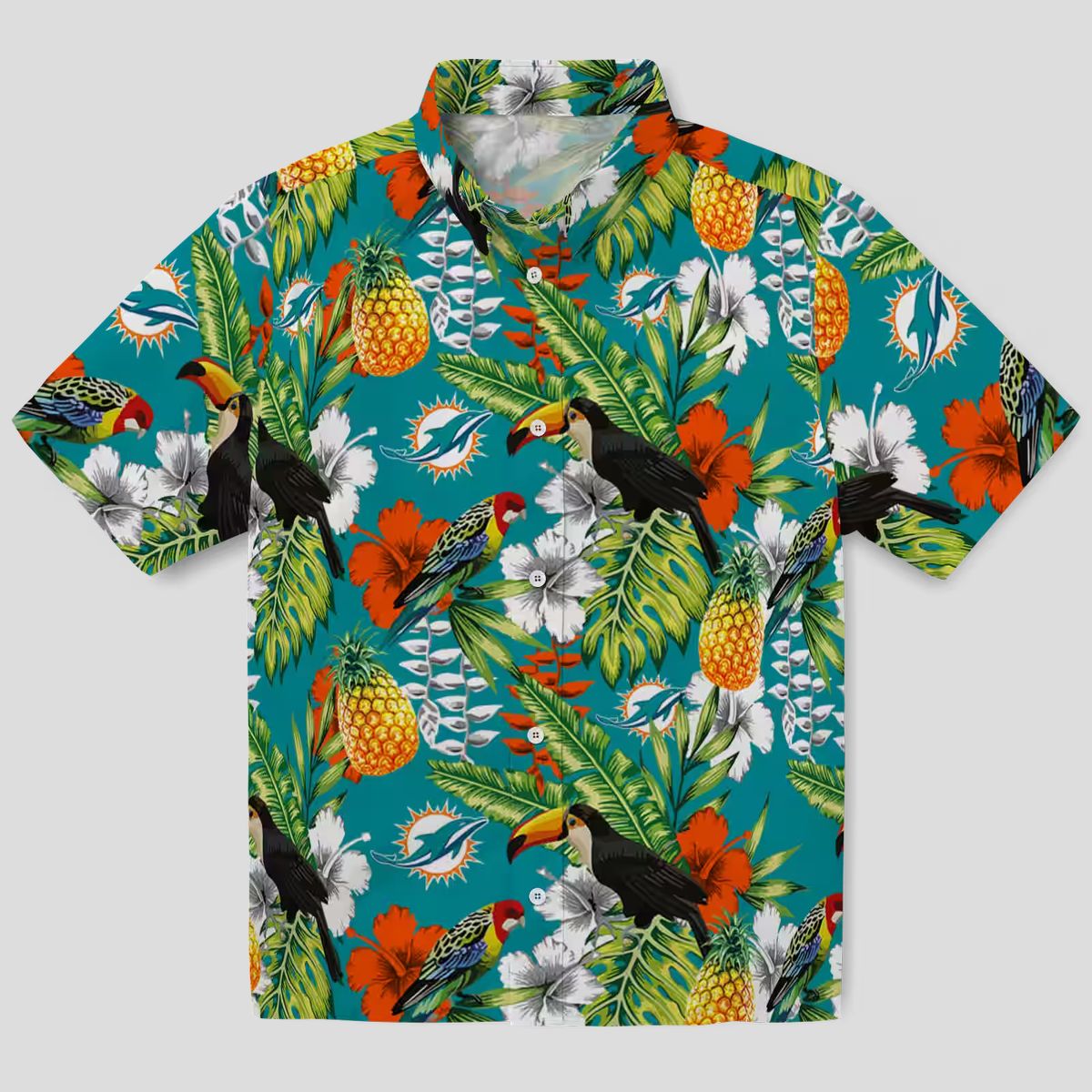 Custom Aqua Green Miami Dolphins Hawaiian Shirt, Vibrant Tropical Toucan Design