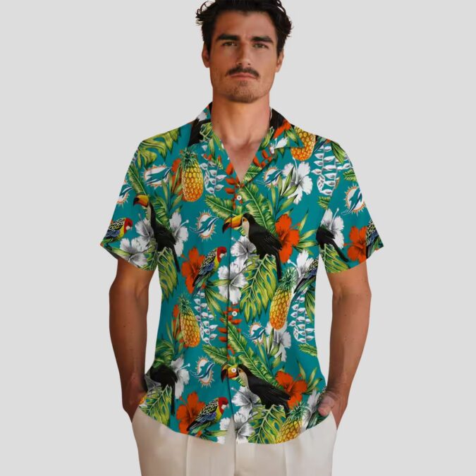 Custom Aqua Green Miami Dolphins Hawaiian Shirt, Vibrant Tropical Toucan Design