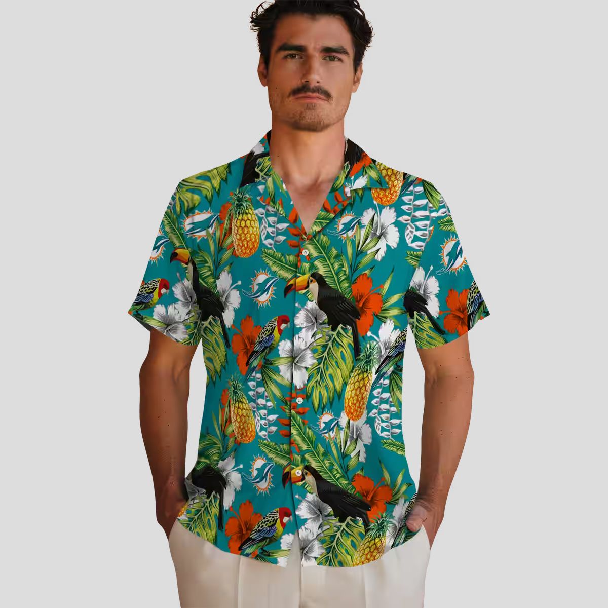 Custom Aqua Green Miami Dolphins Hawaiian Shirt, Vibrant Tropical Toucan Design