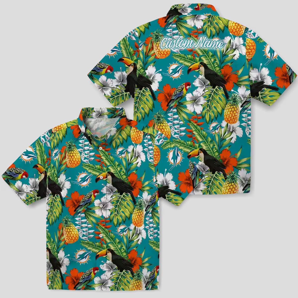 Custom Aqua Green Miami Dolphins Hawaiian Shirt, Vibrant Tropical Toucan Design