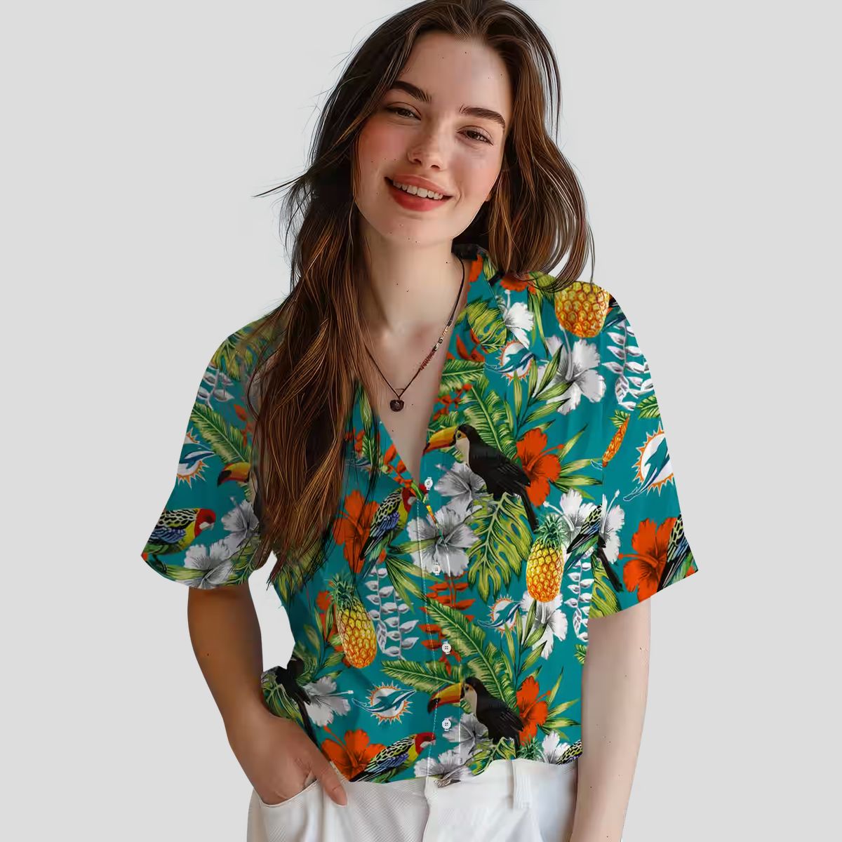 Custom Aqua Green Miami Dolphins Hawaiian Shirt, Vibrant Tropical Toucan Design
