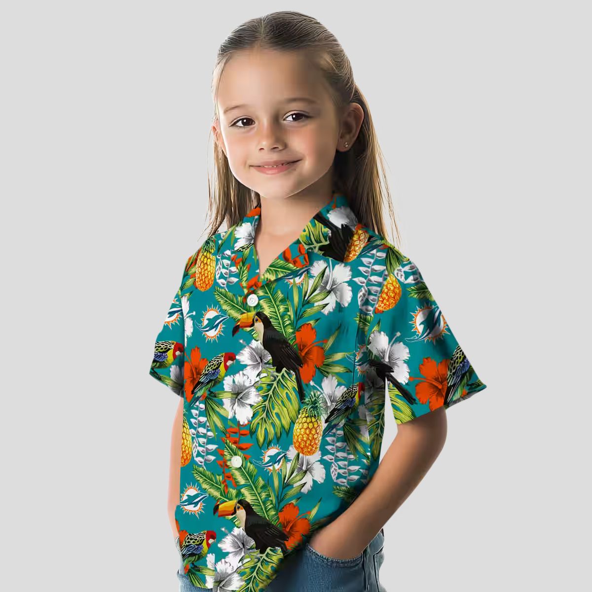 Custom Aqua Green Miami Dolphins Hawaiian Shirt, Vibrant Tropical Toucan Design