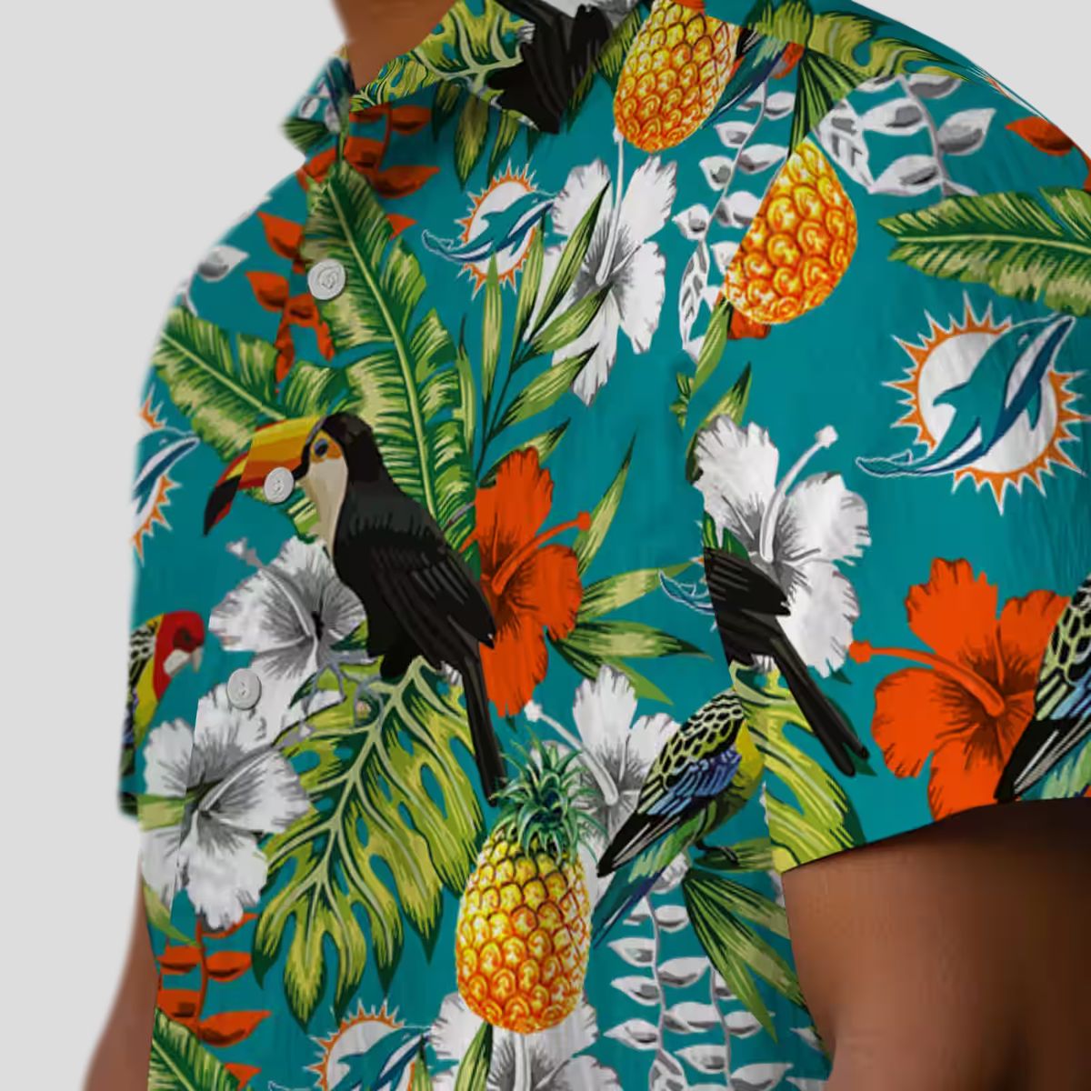 Custom Aqua Green Miami Dolphins Hawaiian Shirt, Vibrant Tropical Toucan Design