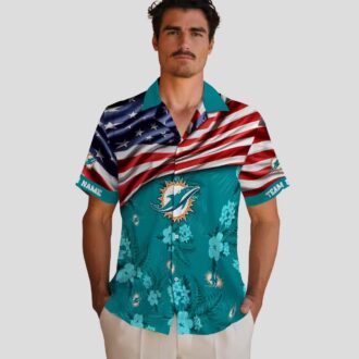 Custom Miami Dolphins Hawaiian Shirt, US Flag Hibiscus Aloha Style
