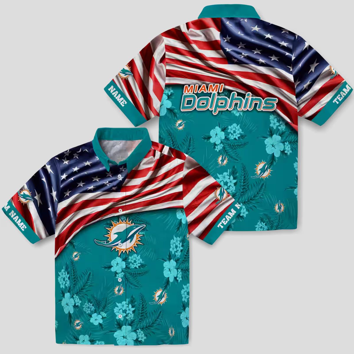 Custom Miami Dolphins Hawaiian Shirt, US Flag Hibiscus Aloha Style