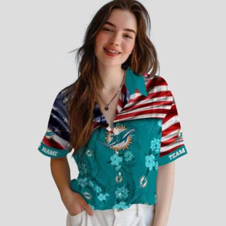 Custom Miami Dolphins Hawaiian Shirt, US Flag Hibiscus Aloha Style