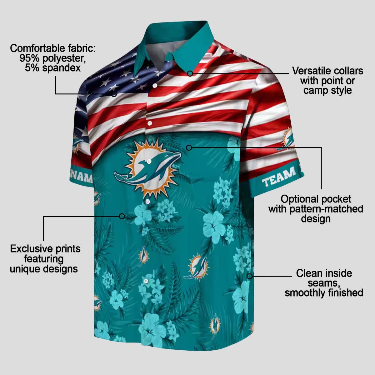Custom Miami Dolphins Hawaiian Shirt, US Flag Hibiscus Aloha Style