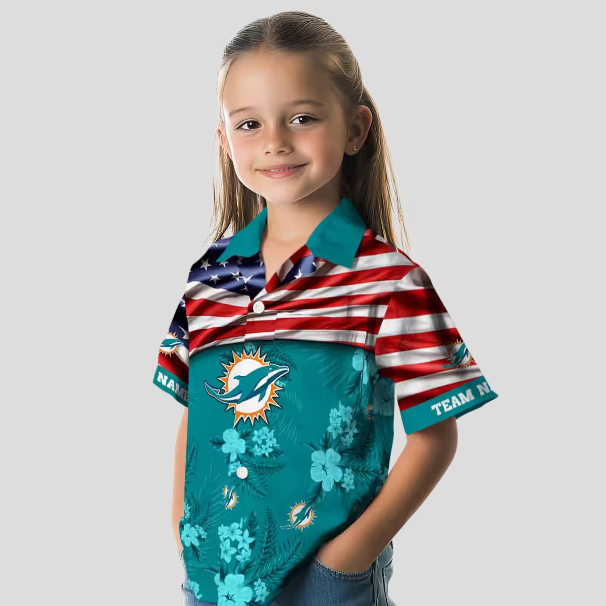 Custom Miami Dolphins Hawaiian Shirt, US Flag Hibiscus Aloha Style