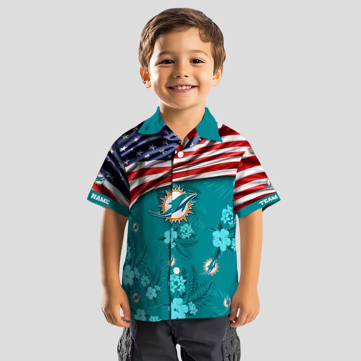 Custom Miami Dolphins Hawaiian Shirt, US Flag Hibiscus Aloha Style