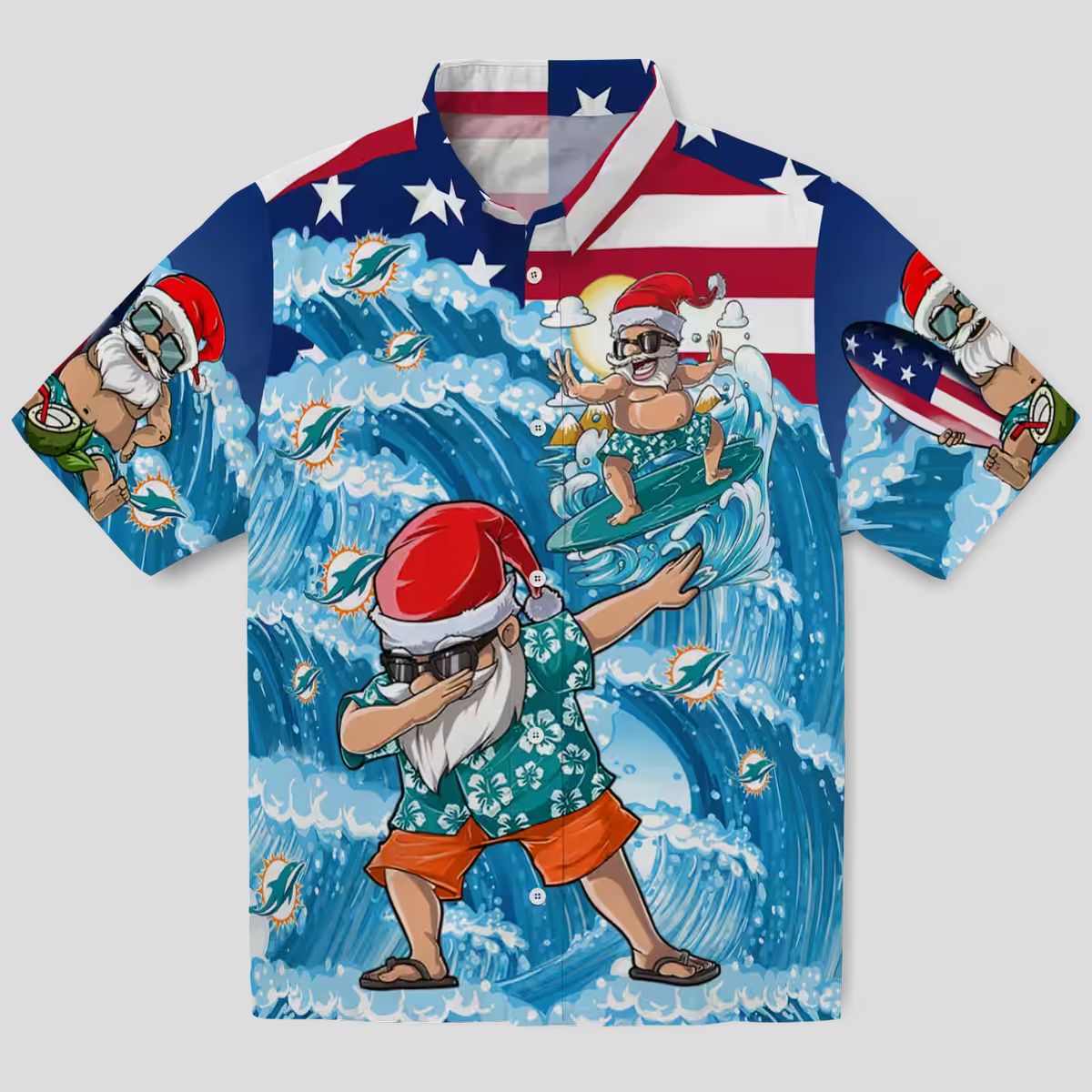 Miami Dolphins Aloha Button Up Shirt, Surfing Santa Hawaiian Summer Outfit