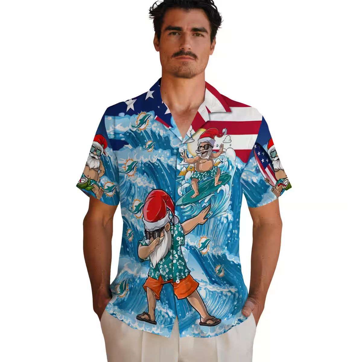 Miami Dolphins Aloha Button Up Shirt, Surfing Santa Hawaiian Summer Outfit