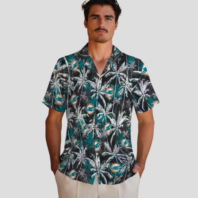 Miami Dolphins Aqua Black Hawaiian Shirt – Palm Print Summer Aloha Style