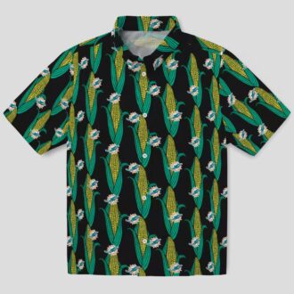 Miami Dolphins Button Up Hawaiian Shirt, Black Green Corn Pattern for Game Day