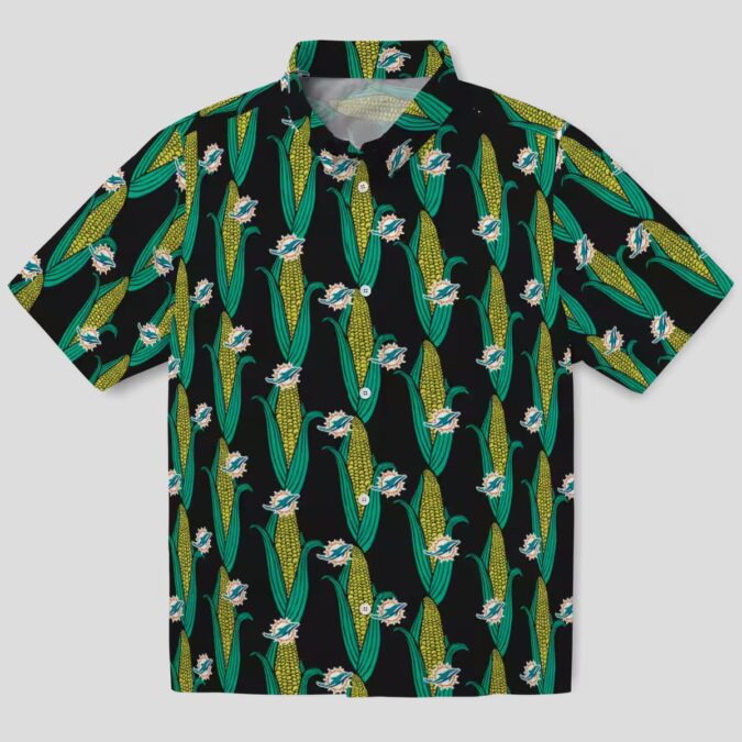 Miami Dolphins Button Up Hawaiian Shirt, Black Green Corn Pattern for Game Day