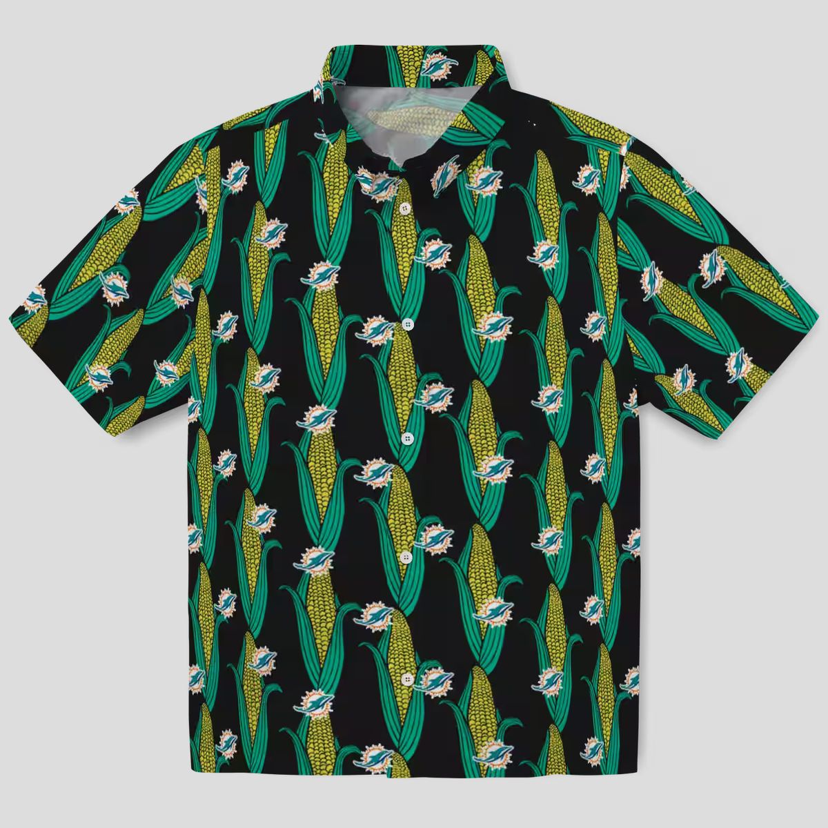 Miami Dolphins Button Up Hawaiian Shirt, Black Green Corn Pattern for Game Day