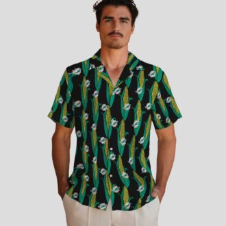Miami Dolphins Button Up Hawaiian Shirt, Black Green Corn Pattern for Game Day