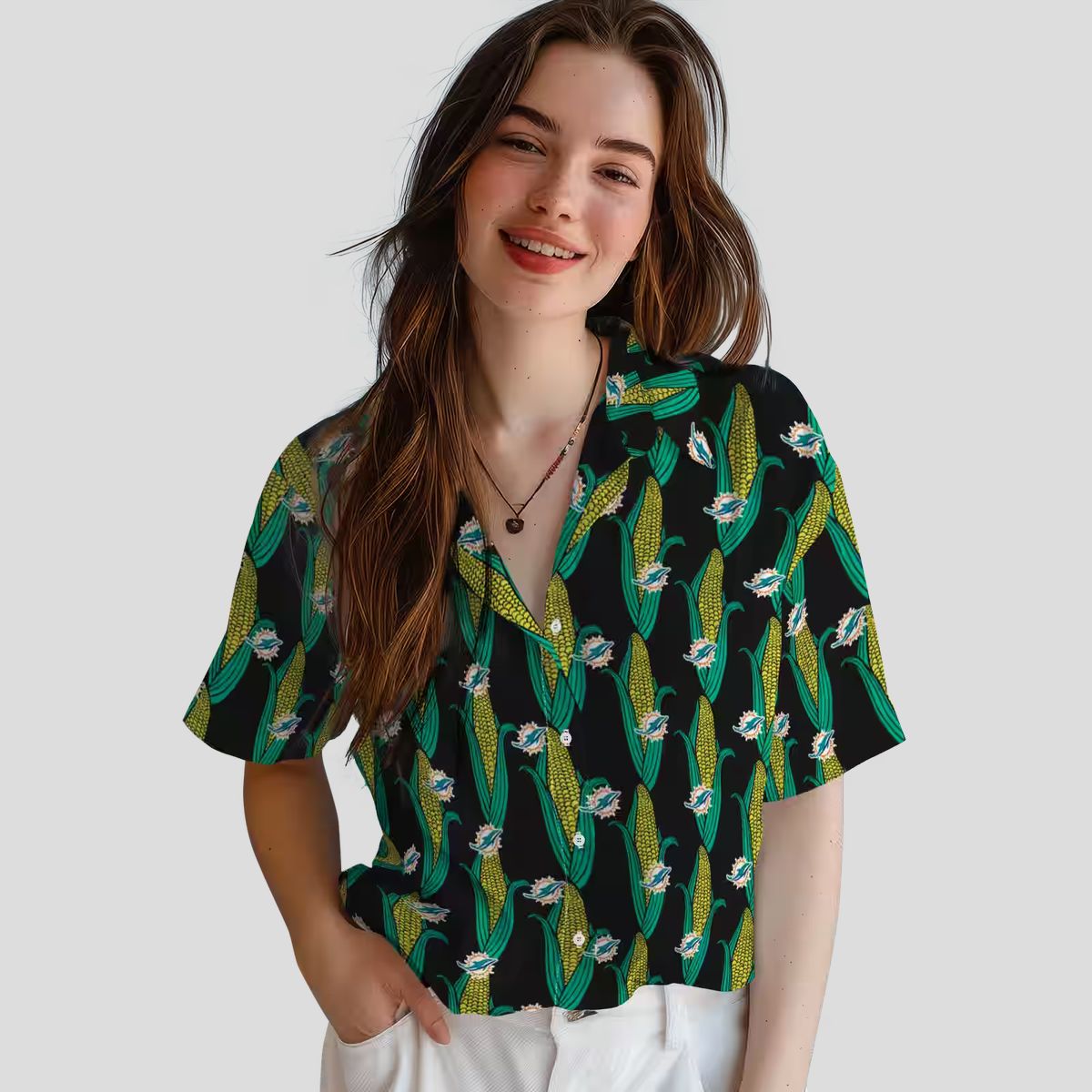 Miami Dolphins Button Up Hawaiian Shirt, Black Green Corn Pattern for Game Day