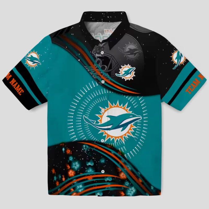 Miami Dolphins Football Hawaiian Shirt, Aqua & Black Hibiscus Aloha Print