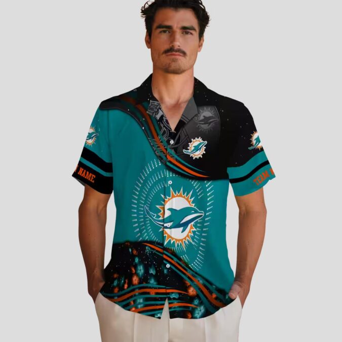 Miami Dolphins Football Hawaiian Shirt, Aqua & Black Hibiscus Aloha Print