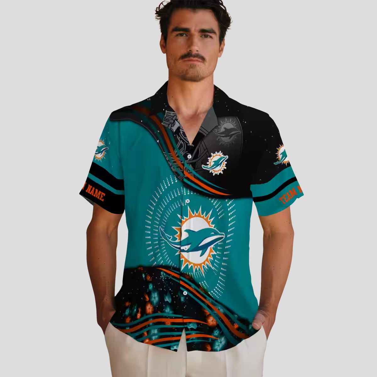 Miami Dolphins Football Hawaiian Shirt, Aqua & Black Hibiscus Aloha Print