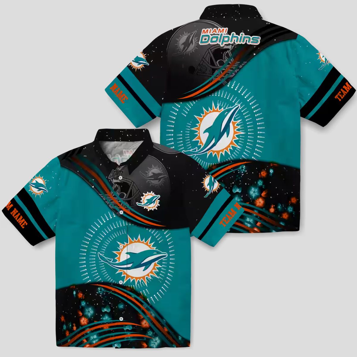 Miami Dolphins Football Hawaiian Shirt, Aqua & Black Hibiscus Aloha Print
