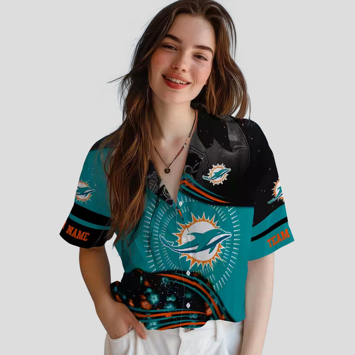 Miami Dolphins Football Hawaiian Shirt, Aqua & Black Hibiscus Aloha Print